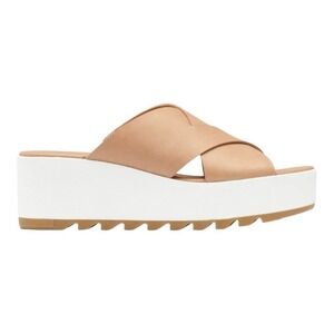 Sorel Women Tan‎ Leather Crossband Platform Wedge Slide Sandals Size 10.5